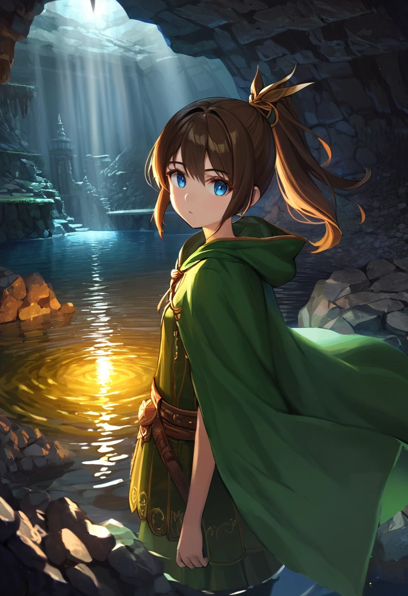 1girl,masterpiece,best quality,8k,ultra-detailed,highly detailed face,extremely detailed eyes and face,longeyelashes,green and gold huntress outfit, cloak and hood over huntress garb, adventurer, short brown hair tied up in a ponytail,in a verdant cave dungeon with lake and glowing lights,fantasy, atmospheric lighting,dramatic lighting,mysterious,intricate detailing,cinematic,ambient occlusion,volumetric lighting,chiaroscuro,dramatic shadows,moody color