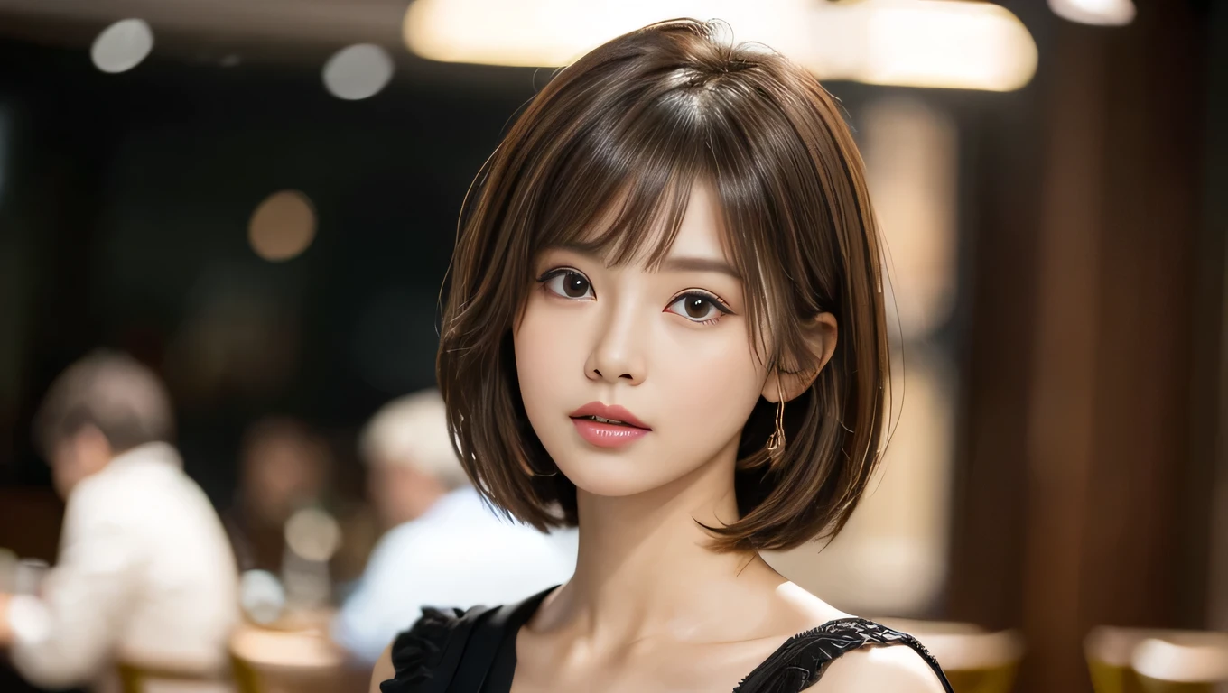 (masterpiece, Very detailed, Very detailed, Exquisite, 16K, Confused), woman, 19 years old, glamorous, (Suppin breeze:1.4), Looking at the audience, short hair, Messy Hair, Diagonal bangs, Brown Hair, Brown eyes, Upper Body, Cinema Lighting, Blurry background in focus, inside a stylish cafe, Urban Cafe 