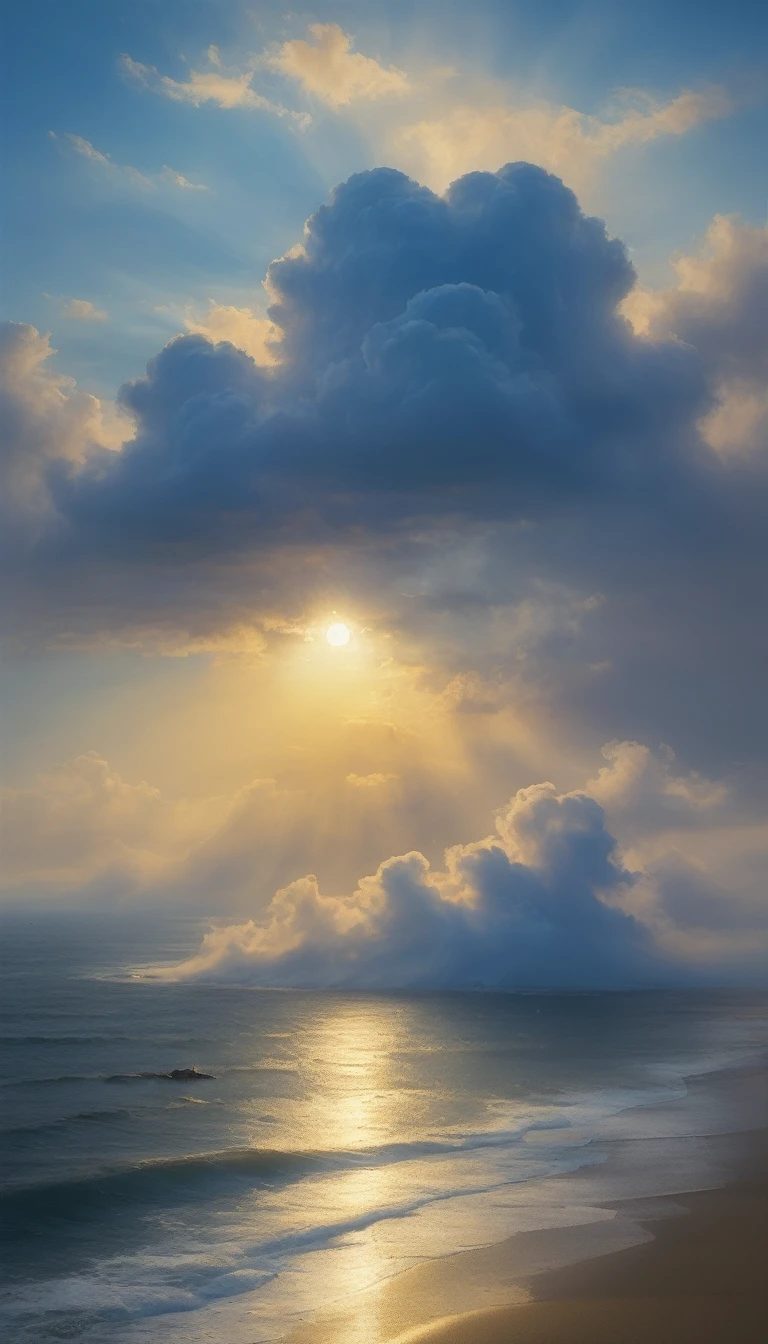 Wolke,龍の形をしたWolke,Beleuchtet vom Licht der untergehenden Sonne ,Hintergrund Meer,neblige Atmosphäre,On-Air-Beleuchtung,薄いWolke,glatte Linien,Hellblaue und weiße Farbtöne,Ein ruhiger und majestätischer Anblick,erstaunliche Details,Künstlerische Interpretation,Malstil,Meisterwerk:1.2