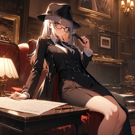 masterpiece, best quality, 8k,1 girl ( black trench coat, suit, skirt, fedora, glasses, cross-legged, sitting on sofa, necktie, ...