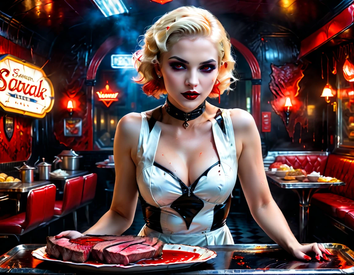 a 3D digital painting picture of extremely (beautiful female vanpire:1.3) ((serving a big juicy raw steak: 1.3)) on a tray, dripping blood in a goth American diner, an exquisite beautiful female (vampire:1.3), (full body: 1.3) ultra feminine ultra detailed face, blond hair, short hair, red lips, red eyes, glowing eyes, wearing sexy white seductive latex dress, serving a goth diner American kitchen background, full body dynamic angle, , award winning, best quality, high quality, high details, highres, vibrant, Ultra-high resolution, High Contrast, (masterpiece:1.5), highest quality, Best aesthetics, best details, best quality, highres, ultra wide angle, 16k, [ultra detailed], masterpiece, best quality, photorealistic, 3D rendering,