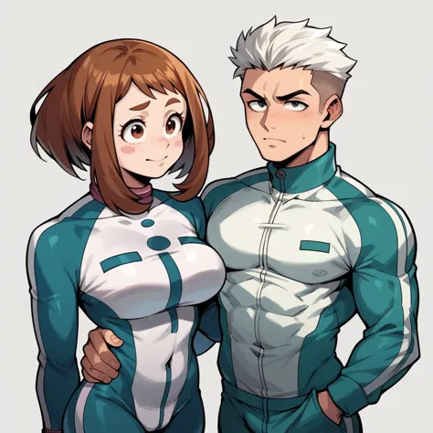 two heads, conjoined, uraraka ochako, tracksuit