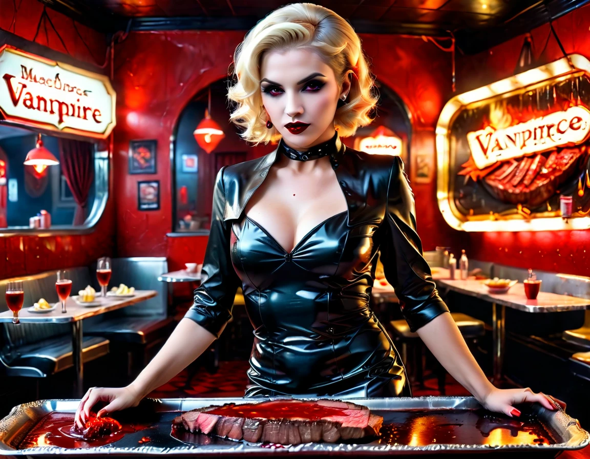 a 3D  picture of extremely (beautiful female vanpire:1.3) ((serving a big juicy raw steak: 1.3)) on a tray, dripping blood in a goth American diner, an exquisite beautiful female (vampire:1.3), (full body: 1.3) ultra feminine ultra detailed face, blond hair, short hair, red lips, red eyes, glowing eyes, wearing sexy white seductive latex dress, serving a goth diner American kitchen background, full body dynamic angle, , award winning, best quality, high quality, high details, highres, vibrant, Ultra-high resolution, High Contrast, (masterpiece:1.5), highest quality, Best aesthetics, best details, best quality, highres, ultra wide angle, 16k, [ultra detailed], masterpiece, best quality, photorealistic, 3D rendering,