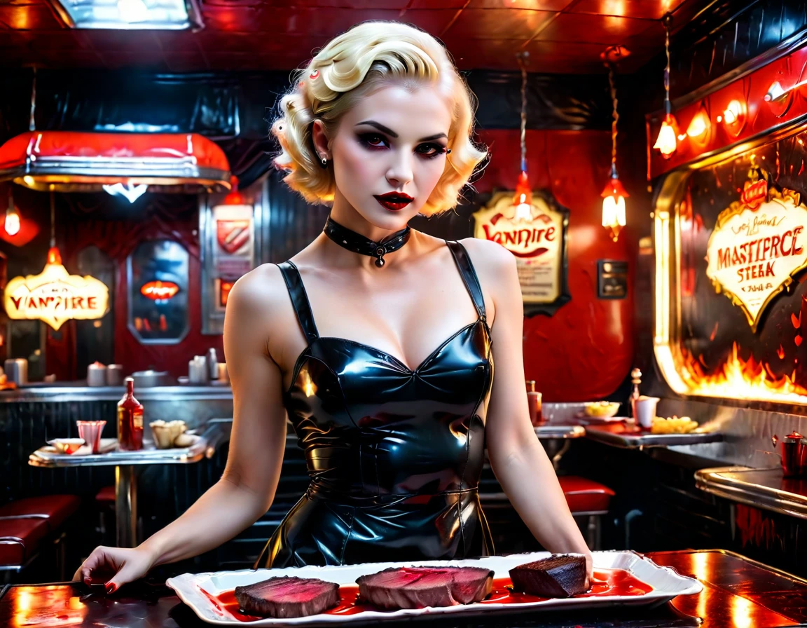 a 3D  picture of extremely (beautiful female vanpire:1.3) ((serving a big juicy raw steak: 1.3)) on a tray, dripping blood in a goth American diner, an exquisite beautiful female (vampire:1.3), (full body: 1.3) ultra feminine ultra detailed face, blond hair, short hair, red lips, red eyes, glowing eyes, wearing sexy white seductive latex dress, serving a goth diner American kitchen background, full body dynamic angle, , award winning, best quality, high quality, high details, highres, vibrant, Ultra-high resolution, High Contrast, (masterpiece:1.5), highest quality, Best aesthetics, best details, best quality, highres, ultra wide angle, 16k, [ultra detailed], masterpiece, best quality, photorealistic, 3D rendering,