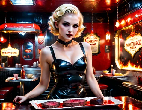 a 3D  picture of extremely (beautiful female vanpire:1.3) ((serving a big juicy raw steak: 1.3)) on a tray, dripping blood in a ...