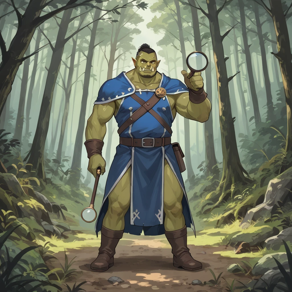 Anime style, masterpiece,Cat Orc, Looking at the audience, Standing in the forest,Magnifying glass in hand