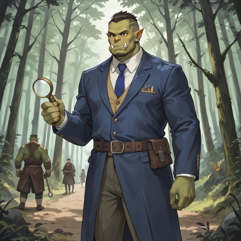 Anime style, masterpiece,Cat Orc, Looking at the audience, Standing in the forest,Magnifying glass in hand