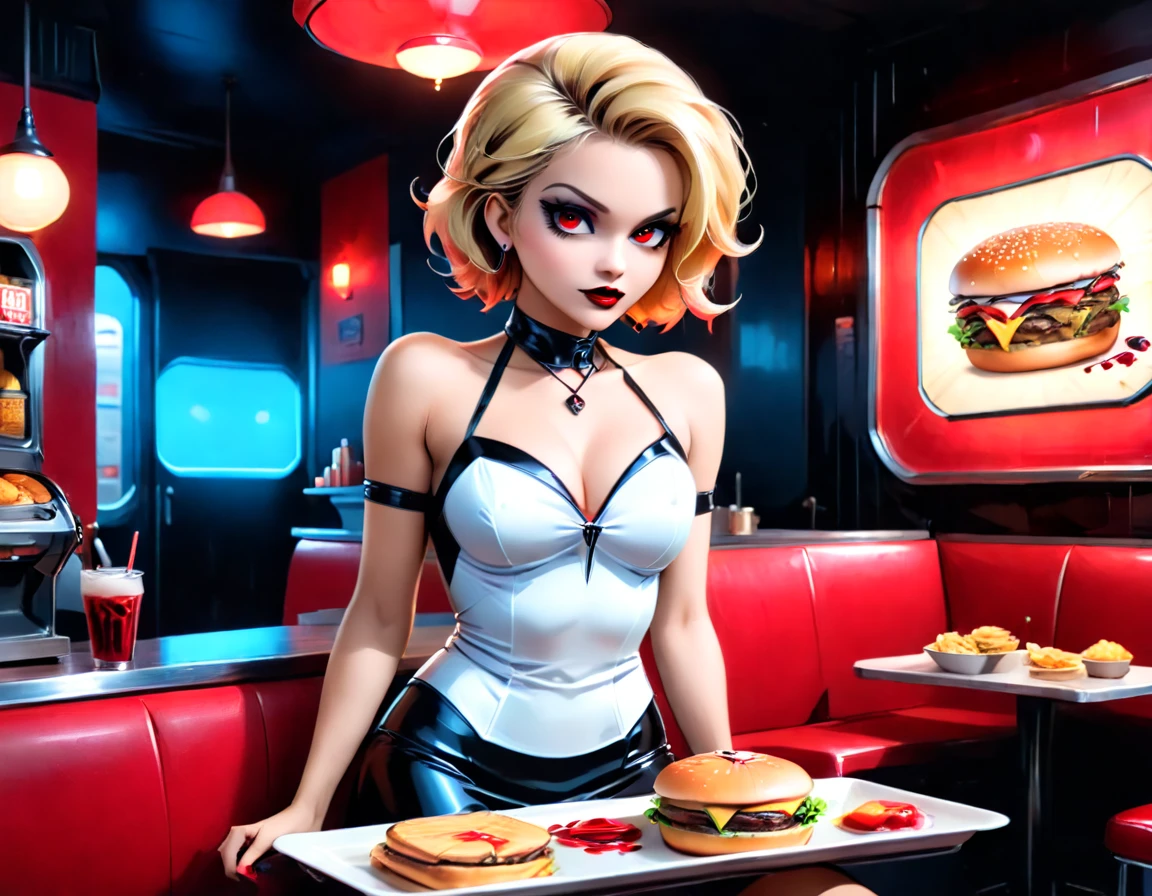 a 3D digital painting picture of extremely (beautiful female vanpire:1.3) ((serving a big juicy hamburger: 1.3)) on a tray, dripping blood in a goth American diner, an exquisite beautiful female (vampire:1.3), (full body: 1.3) ultra feminine ultra detailed face, blond hair, short hair, red lips, red eyes, glowing eyes, wearing sexy white seductive latex dress, serving a goth diner American kitchen background, full body dynamic angle, , award winning, best quality, high quality, high details, highres, vibrant, Ultra-high resolution, High Contrast, (masterpiece:1.5), highest quality, Best aesthetics, best details, best quality, highres, ultra wide angle, 16k, [ultra detailed], masterpiece, best quality, photorealistic, 3D rendering,