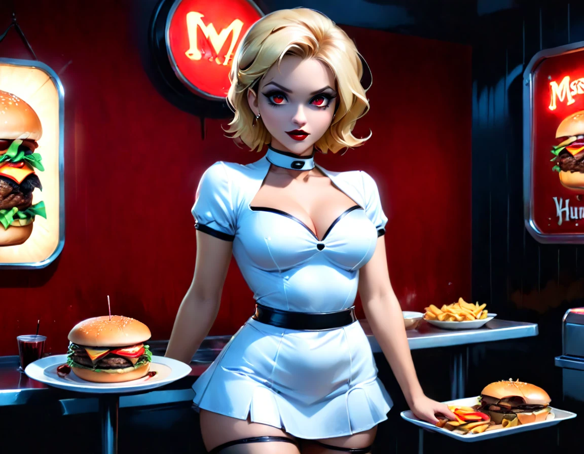 ein 3D-Digital-Gemälde von extrem (schöne weibliche Vampirin:1.3) ((Servieren eines großen saftigen Hamburgers: 1.3)) auf einem Tablett, tropfendes Blut in einem amerikanischen Gothic-Diner, eine exquisite schöne Frau (Vampir:1.3), (Ganzkörper: 1.3) ultra feminine Extrem detailliert face, blondes Haar, Kurzes Haar, rote Lippen, rote Augen, glühende Augen, trägt sexy weißes verführerisches Latexkleid, Servieren eines Gothic-Diners im amerikanischen Küchenhintergrund, Ganzkörper dynamic angle, , preisgekrönt, beste Qualität, gute Qualität, hohe Details, highres, beschwingt, ultrahohe Auflösung, Hoher Kontrast, (Meisterwerk:1.5), höchste Qualität, Beste Ästhetik, beste Details, beste Qualität, highres, Ultraweitwinkel, 16k, [Extrem detailliert], Meisterwerk, beste Qualität, fotorealistisch, 3D-Rendering,