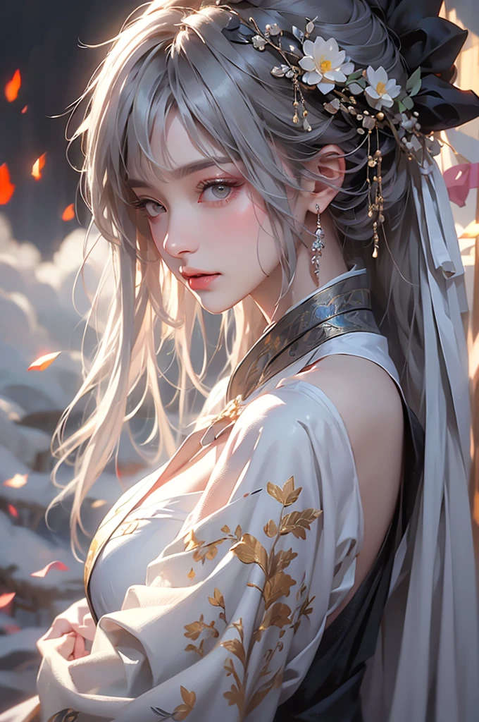 super high quality, masterpiece, Perfect illustration, Very detailed (Exquisite light and shadow, Very dramatic photo,Backlight) , ((Gray Hair:1.5))1 Girl,(( alone:1.6)), (Wearing Han clothes, Black and white Hanfu,Monotony,Long sleeve) Flower Field, Flowers, (White smoke:1.3) (Realistic:1.4), Zen Intertwining, Tangled, Official Art, unity 8k wallpaper, Very detailed, Beautiful and beautiful, masterpiece, Highest quality, (Dynamic Angle: 1.4), Glowing Skin, (Floating colorful flashes: 1) The most beautiful chaotic shapes, elegant, Brutalist Design, Bright colors, Romantic Depth of Field Exotic_dance, half_naked、（Separate sleeves:1.4, Expose your shoulders、Ample breasts）.((from diagonally forward)).Dynamic pose
