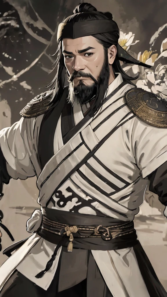 Monochrome,Oriental、Men in ancient Chinese costumes、(ancient chinese hairstyle male)、As seen in the Romance of the Three Kingdoms々military commander、Highest quality、masterpiece、Ultra-high resolution、(Realistic:1.4)、Game Poster、Crisp and beautiful image quality、beard、Embroidered cloth wrapped around a topknot、whole body ,((Skin of color, ),(Heavy Blackbeard):1.2), ( (Very detailed, bloom:1.5), (Highest quality, Concept Art, 4K), (analog:1.2), (high sharpness), (Detailed pupil:1.1), (Painting:1.1), (digital Painting:1.1), Detailed face and eyes, masterpiece, Highest quality, (Very detailed写真:1.1), 8K, photoRealistic, (Black Hair, Dynamic Short Hair), (PurerosFace_v1:0.2), [:(Detailed face:1.2):0.2], sharp, Realistic, Realistic Shadow, 