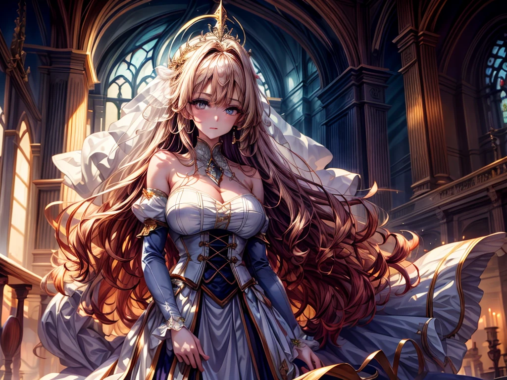 In front of the majestic church altar、（Blurred Background）、Bright light、golden long hair girl、classic white wedding dress、（Elegant luster）、（Lots of races）、Lots of ribbons、((Voluminous puff sleeves))、Long cuffs with lots of buttons、Gold embroidery、Long train、White embroidered gloves、Five Fingers、Laughter、Redness on the cheeks