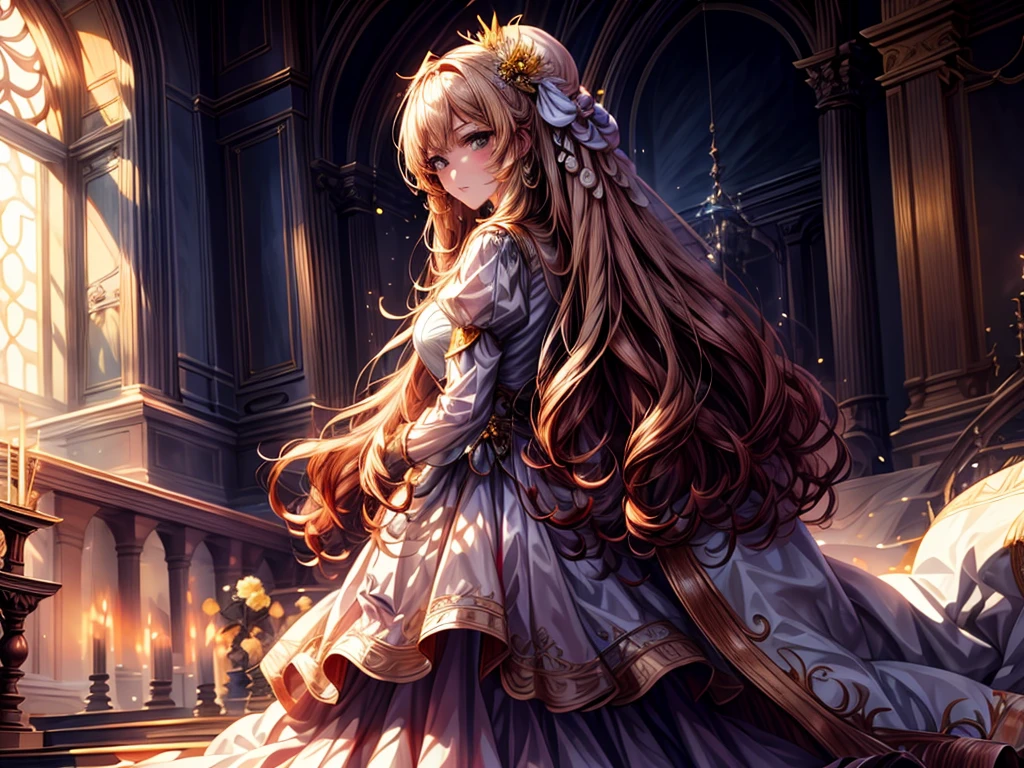 In front of the majestic church altar、（Blurred Background）、Bright light、golden long hair girl、classic white wedding dress、（Elegant luster）、（Lots of races）、Lots of ribbons、((Voluminous puff sleeves))、Long cuffs with lots of buttons、Gold embroidery、Long train、White embroidered gloves、Five Fingers、Laughter、Redness on the cheeks