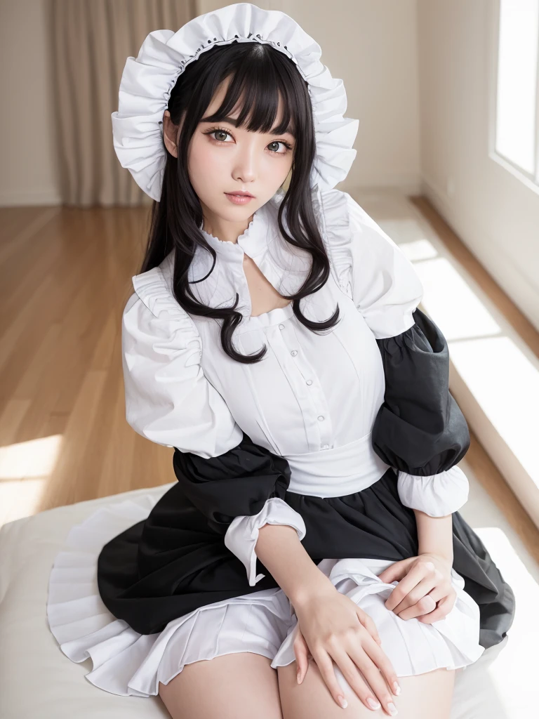 (Highest quality:1.9)、(High resolution)、Live-action image quality、((20-year-old woman、1 person))、Soft lighting by a professional photographer、Natural light、((Very spacious white luxurious room:1.6))、((Bright white room:1.6))、(Standing in front of a very luxurious white bed:1.2)、(White bookshelf background:1.1)、Natural soft light、((Black Hair Color:1.1))、Fair skin、Detailed Eyes、double eyelid、Slightly puffy cheeks、((Small Face:1.0))、(maid_cosplay, breasts, puffy short sleeves, puffy sleeves, short sleeves, maid headdress, chain, frills, white gloves, cowboy shot, large breasts, pointy hair, gloves,gothic, gothic maid)、(Cute Smile)、((Girly pose 1.8))、((Long curly hair:1.1))、((Full Body Shot:1.2))、((Height: 165cm))、Hands in front、Hold hands between legs、