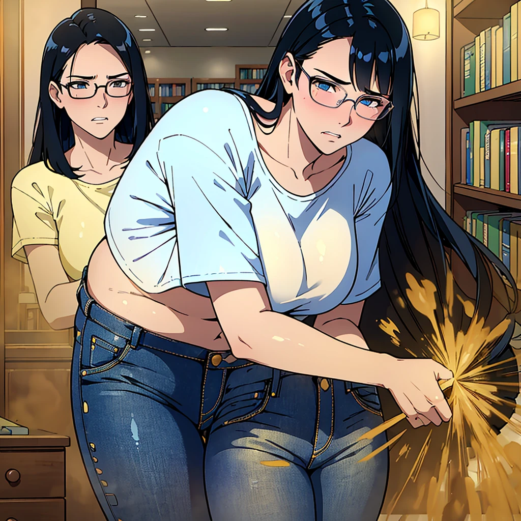 (best quality:1.4),masterpiece,ultra-detailed,delicate features,delicate skin,realism,beautiful lighting,1girl,black hair ,blues eyes ,tareme,long hair,gleaming skin,glasses, oversized tshirt, blue jeans, massive fart, yellow smoke rising, blush,bend over, clenching teeth, library