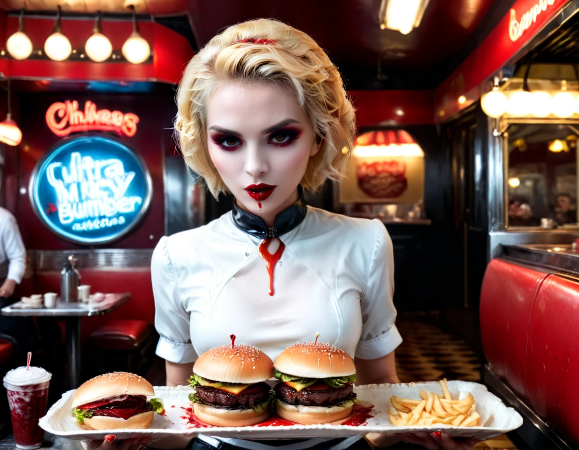 une image de peinture numérique 3D d&#39;extrêmement (belle femme vanpire:1.3) ((servir un gros hamburger cru juteux: 1.3)) sur un plateau, du sang coule dans un restaurant gothique américain, une belle femelle exquise (vampire:1.3), (tout le corps: 1.3) ultra feminine ultra détaillé face, cheveux blonds, Cheveux courts, lèvres rouges, les yeux rouges, yeux brillants, porter une robe en latex séduisante blanche glamour, servir un restaurant gothique fond de cuisine américaine, tout le corps dynamic angle, , primé, Meilleure qualité, Haute qualité, détails élevés, haute résolution, vibrant, Ultra haute résolution, Contraste élevé, (chef-d&#39;œuvre:1.5), la plus haute qualité, Meilleure esthétique, meilleurs détails, Meilleure qualité, haute résolution, ultra grand angle, 16k, [ultra détaillé], chef-d&#39;œuvre, Meilleure qualité, Photoréaliste, Rendu 3D, Film cinématographique hollywoodien, style artistique chumbasket