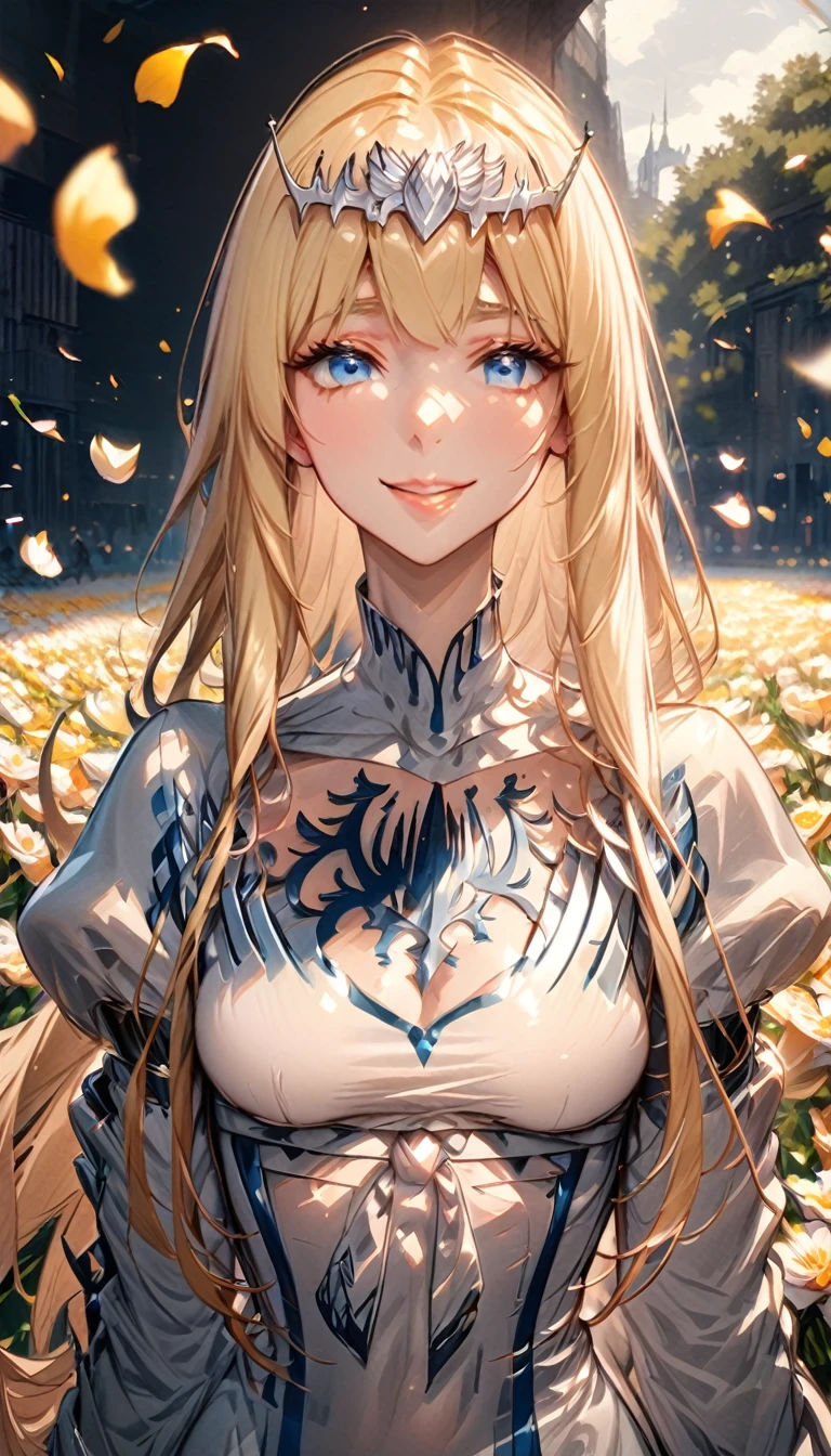 best quality, high-resolution,ultra-detailed,portrait, ,  standing,flowers field,,smiling woman,close up to abs,  beautiful detailed eyes,beautiful detailed lips,flower petals on air,,vivid colors,studio lighting,soft sunlight, happy face, ((cleavages:0.6)), half body, 1girl,solo, calca, blonde hair, ,( extremely long hair:1.2), very long hair, extra long hair, white tiara, white dress, blue eyes,Calca Bessarez, medium breast,Calca