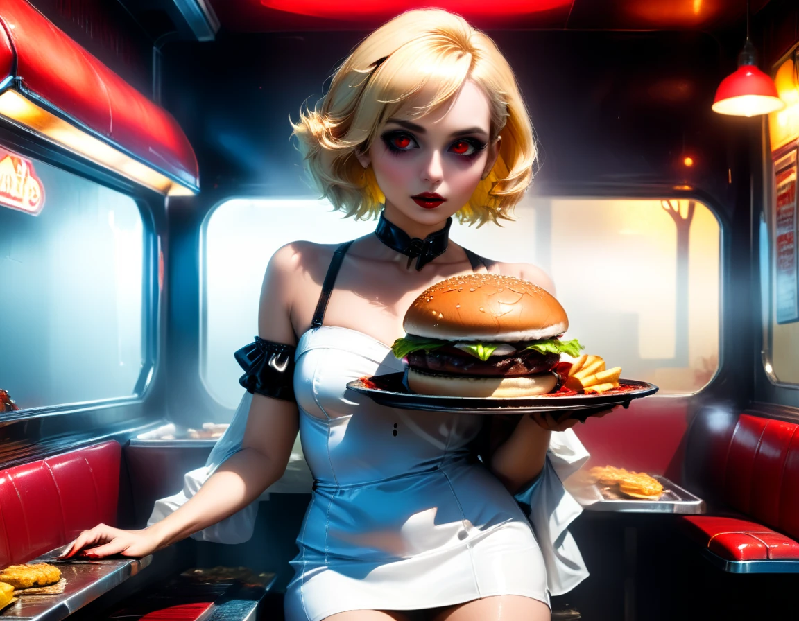 una imagen de pintura digital en 3D de extremadamente (hermosa mujer vanpire:1.3) ((sirviendo una hamburguesa cruda grande y jugosa: 1.3)) en una bandeja, Goteando sangre en un restaurante gótico americano., una hembra hermosa y exquisita (vampiro:1.3), (cuerpo completo: 1.3) ultra feminine ultra detallado face, mejor detalle de rostro, pelo rubio, cabello corto, labios rojos, ojos rojos, ojos brillantes, usando sexy vestido de látex blanco seductor, sirviendo un restaurante gótico con fondo de cocina americana, cuerpo completo dynamic angle, , premiado, mejor calidad, alta calidad, detalles altos, alta resolución, vibrante, Resolución ultraalta, alto contraste, (obra maestra:1.5), de la máxima calidad, Mejor estetica, mejores detalles, mejor calidad, alta resolución, Ultra gran angular, 16k, [ultra detallado], obra maestra, mejor calidad, Fotorrealista, renderizado 3D, Cine cinematográfico de Hollywood, Estilo artístico chumbasket