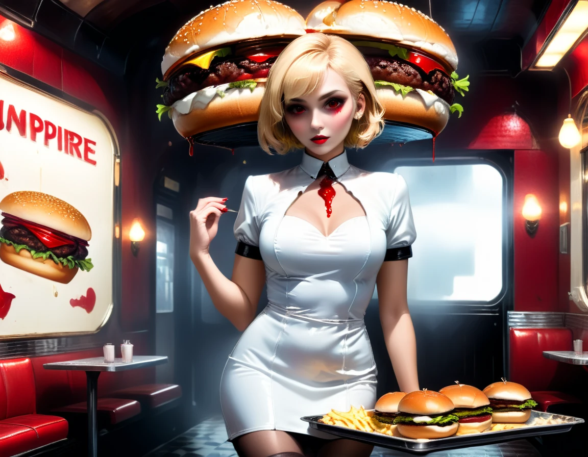 una imagen de pintura digital en 3D de extremadamente (hermosa mujer vanpire:1.3) ((sirviendo una hamburguesa cruda grande y jugosa: 1.3)) en una bandeja, Goteando sangre en un restaurante gótico americano., una hembra hermosa y exquisita (vampiro:1.3), (cuerpo completo: 1.3) ultra feminine ultra detallado face, mejor detalle de rostro, pelo rubio, cabello corto, labios rojos, ojos rojos, ojos brillantes, usando sexy vestido de látex blanco seductor, sirviendo un restaurante gótico con fondo de cocina americana, cuerpo completo dynamic angle, , premiado, mejor calidad, alta calidad, detalles altos, alta resolución, vibrante, Resolución ultraalta, alto contraste, (obra maestra:1.5), de la máxima calidad, Mejor estetica, mejores detalles, mejor calidad, alta resolución, Ultra gran angular, 16k, [ultra detallado], obra maestra, mejor calidad, Fotorrealista, renderizado 3D, Cine cinematográfico de Hollywood, Estilo artístico chumbasket