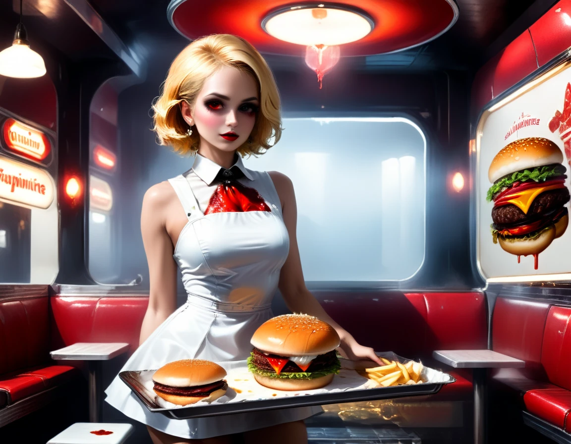 une image de peinture numérique 3D d&#39;extrêmement (belle femme vanpire:1.3) ((servir un gros hamburger cru juteux: 1.3)) sur un plateau, du sang coule dans un restaurant gothique américain, une belle femelle exquise (vampire:1.3), (tout le corps: 1.3) ultra feminine ultra détaillé face, meilleur détailleur de visage, cheveux blonds, Cheveux courts, lèvres rouges, les yeux rouges, yeux brillants, porter une robe sexy en latex blanc séduisant, servir un restaurant gothique fond de cuisine américaine, tout le corps dynamic angle, , primé, Meilleure qualité, Haute qualité, détails élevés, haute résolution, vibrant, Ultra haute résolution, Contraste élevé, (chef-d&#39;œuvre:1.5), la plus haute qualité, Meilleure esthétique, meilleurs détails, Meilleure qualité, haute résolution, ultra grand angle, 16k, [ultra détaillé], chef-d&#39;œuvre, Meilleure qualité, Photoréaliste, Rendu 3D, Film cinématographique hollywoodien, style artistique chumbasket