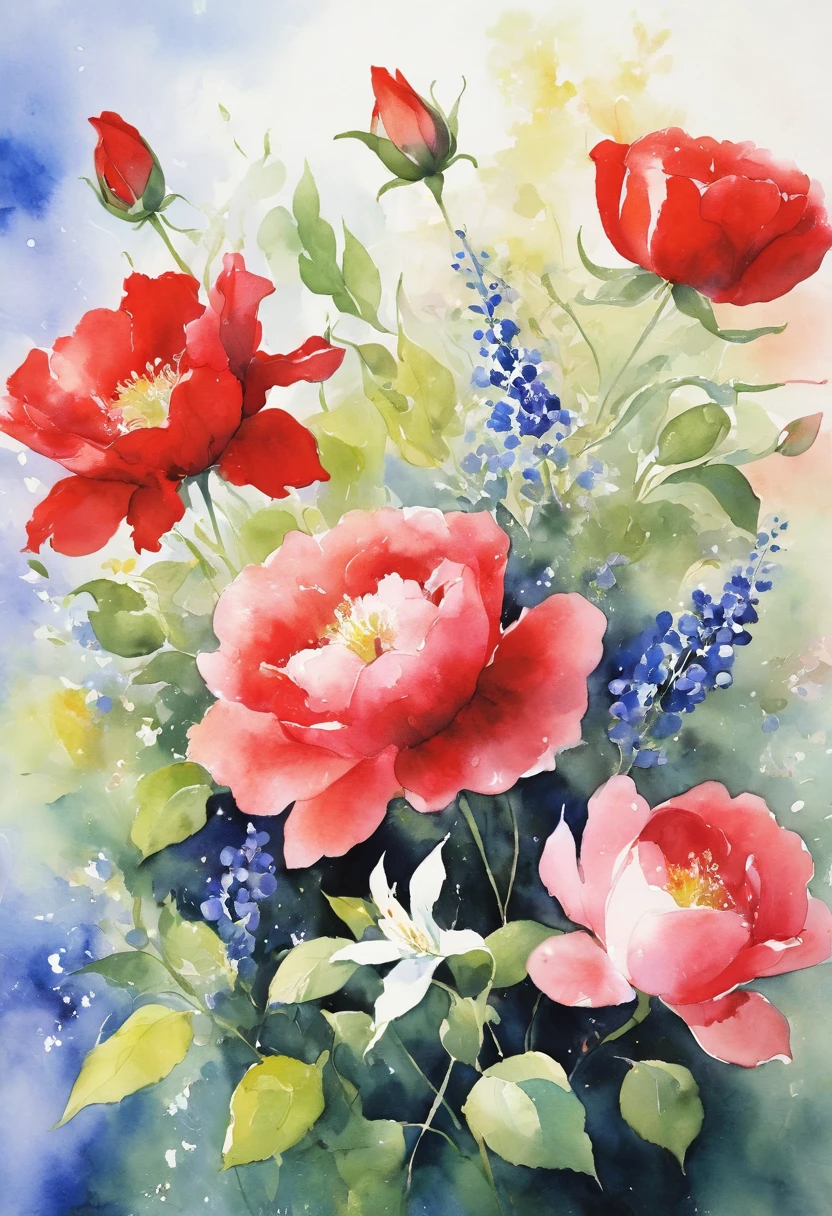 A floral watercolor painting，Highlights the characteristics and beauty of Renaissance-style watercolor art。Artwork should capture the unique qualities of Renaissance watercolors，For example, the use of light and shadow、Detailed brushwork and rich color palette。The composition includes a variety of flowers，Each one is carefully rendered，to showcase their individual beauty and the work as a whole。Detailed background，Complements the flowers，But not overwhelming the flowers。Focus on expressing the grace and delicacy of flowers, (floral watercolor painting:1.5)