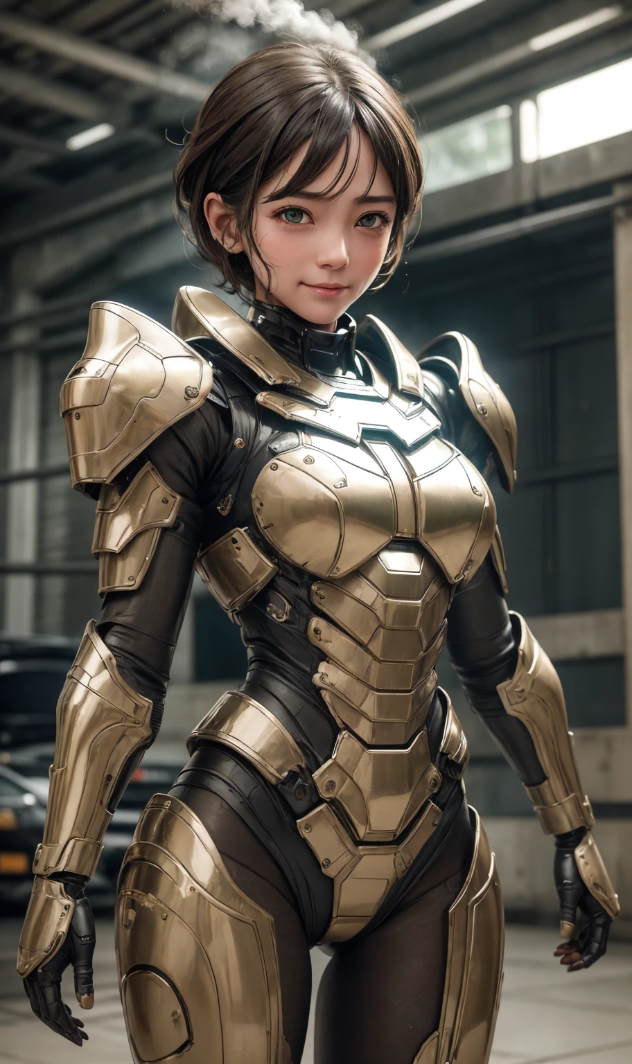 Textured skin, Super detailed, Attention to detail, high quality, 最high quality, High resolution, 1080P, hard disk, beautiful,(War Machine),beautifulサイボーグ女性,Dark Green Mecha Cyborg Girl,battle,Girl with a mechanical body,、Plain junior high school girl　Boyish short hair、Sweaty brown eyes、Sweaty face、Expressions of joy　Blushing　Cute Smile　Black-haired　((Steam coming out of the head)) (Steam coming out of the whole body) Cool pose　Gloss　Sweat flying