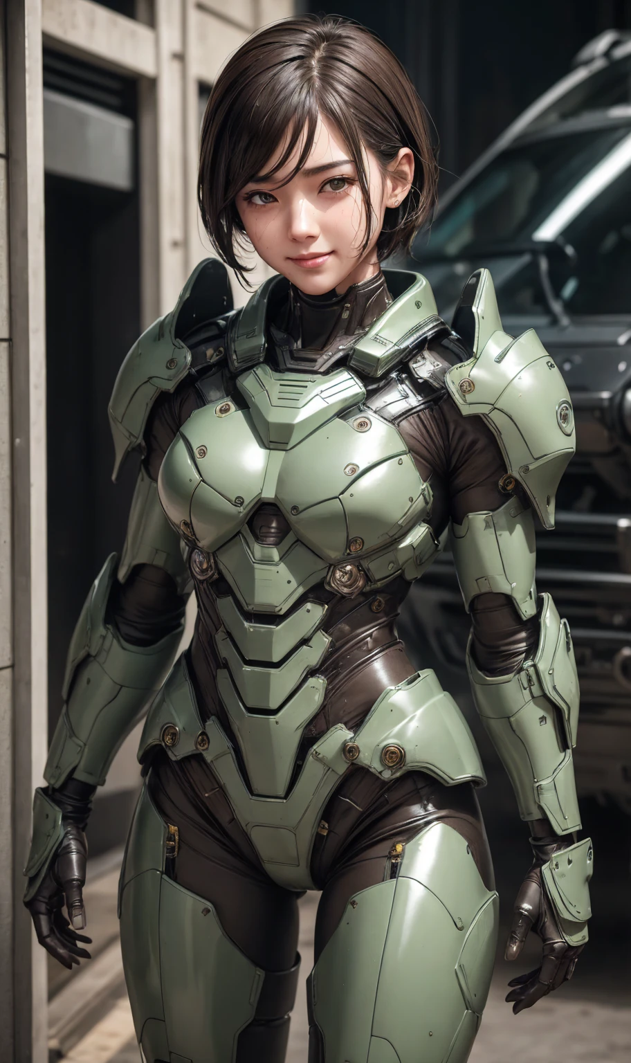 Textured skin, Super detailed, Attention to detail, high quality, 最high quality, High resolution, 1080P, hard disk, beautiful,(War Machine),beautifulサイボーグ女性,Dark Green Mecha Cyborg Girl,battle,Girl with a mechanical body,、Plain junior high school girl　Boyish short hair、Sweaty brown eyes、Sweaty face、Expressions of joy　Blushing　Cute Smile　Black-haired　((Steam coming out of the head)) (Steam coming out of the whole body) Cool pose　Gloss　Sweat flying