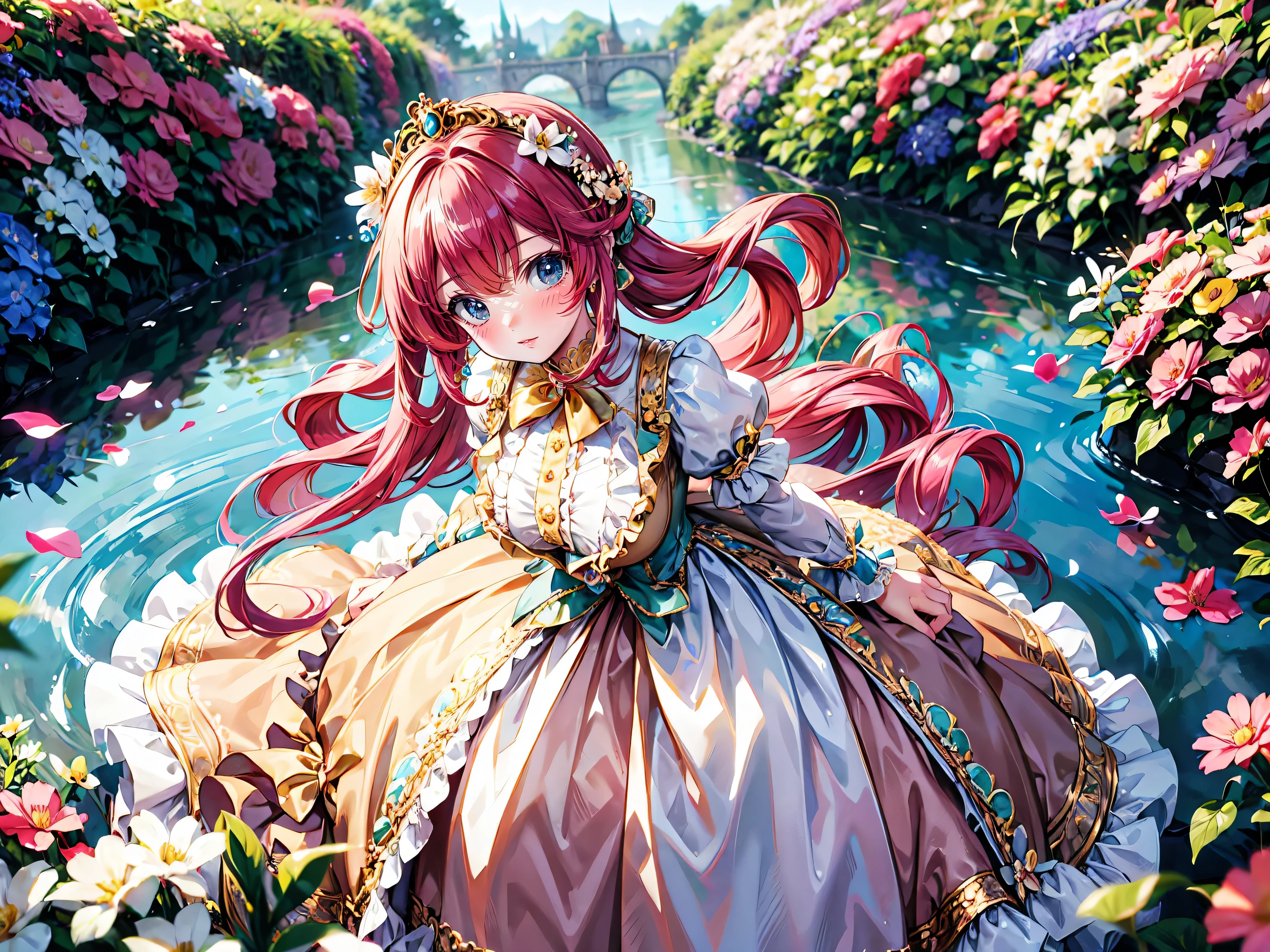 anime moe art style, (Masterpiece, ultra detailed, exquisite quality), (((young face solo princess))), (dress topaz dress), (((ultra elaborate rococo victorian gown with voluminous hoopskirt and long hems, princess style skirt, ultra pretty gown:1.3))), (((huge breasts))), breasts cleavage, (hair pink hair), (fluffy long ponytail), Expressive very voluminous hair, super delicate face, (hyper detail delicate beautiful eyes blue eyes), ((leaning forward, looking up, from above, front view)), (((So lot's of colorful flowers))), (blurry background:1.5), (isometric 3D), (particle effect),