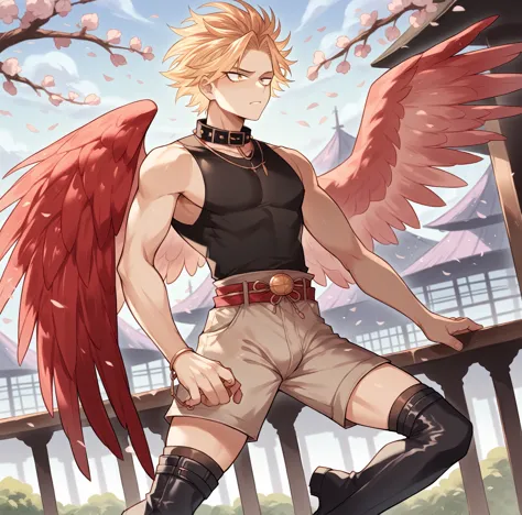 [1], alone, chico submissive delicate, gay blonde, slicked back hair with two front strands, gold eyes, red bird wings on its ba...