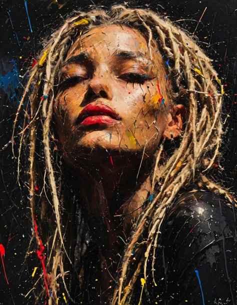 impactful paint of a beautiful dutch woman with blond dreadlocks, high contrast, high saturated, , vivid deep blacks, crystal cl...