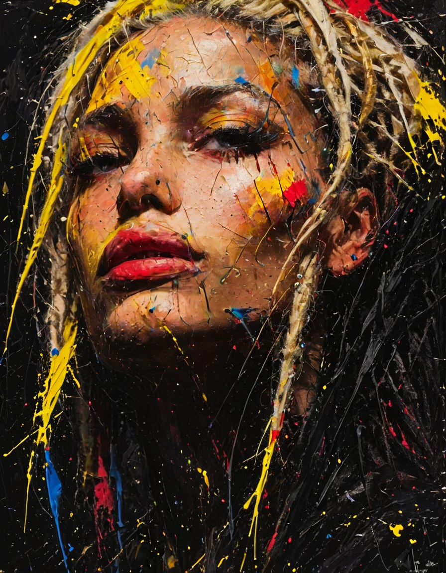 impactful paint of a beautiful Dutch woman with blond dreadlocks, high contrast, high saturated, , vivid deep blacks, crystal clear