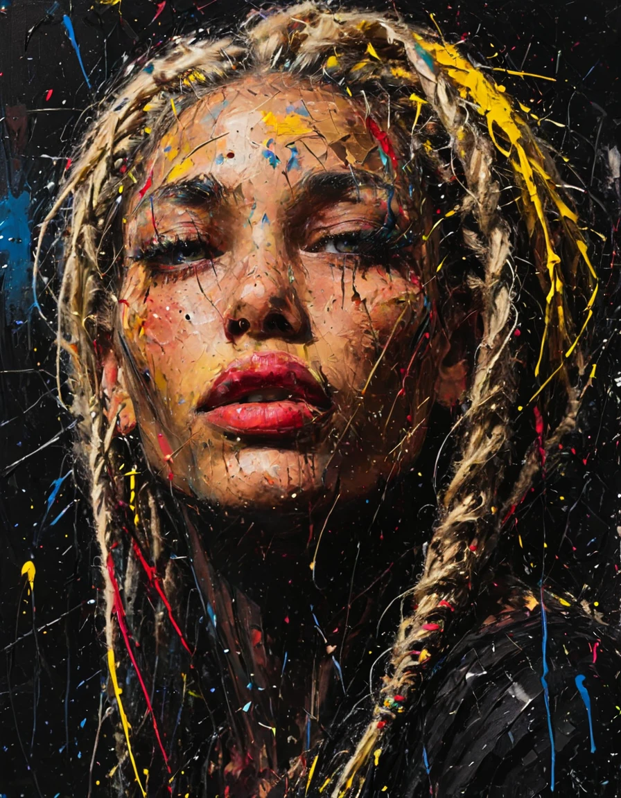 impactful paint of a beautiful Dutch woman with blond dreadlocks, high contrast, high saturated, , vivid deep blacks, crystal clear