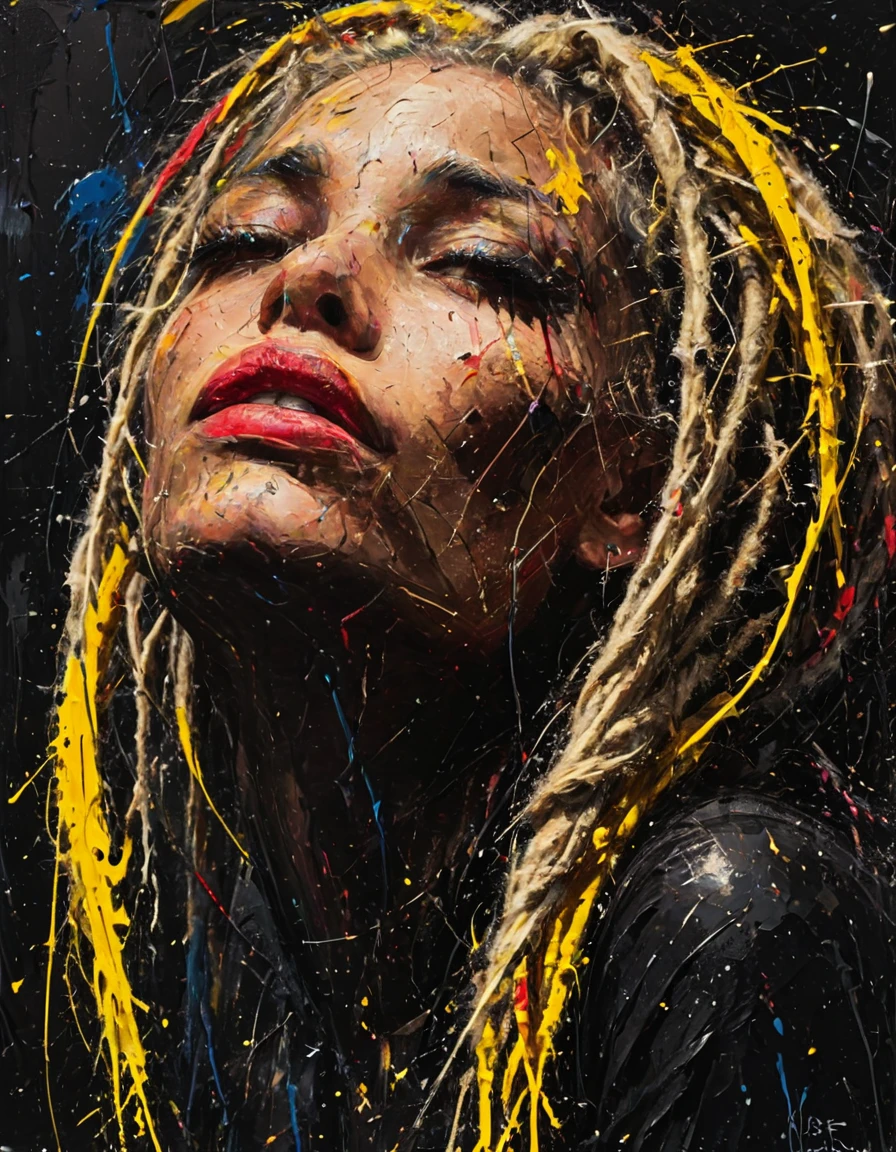 impactful paint of a beautiful Dutch woman with blond dreadlocks, high contrast, high saturated, , vivid deep blacks, crystal clear