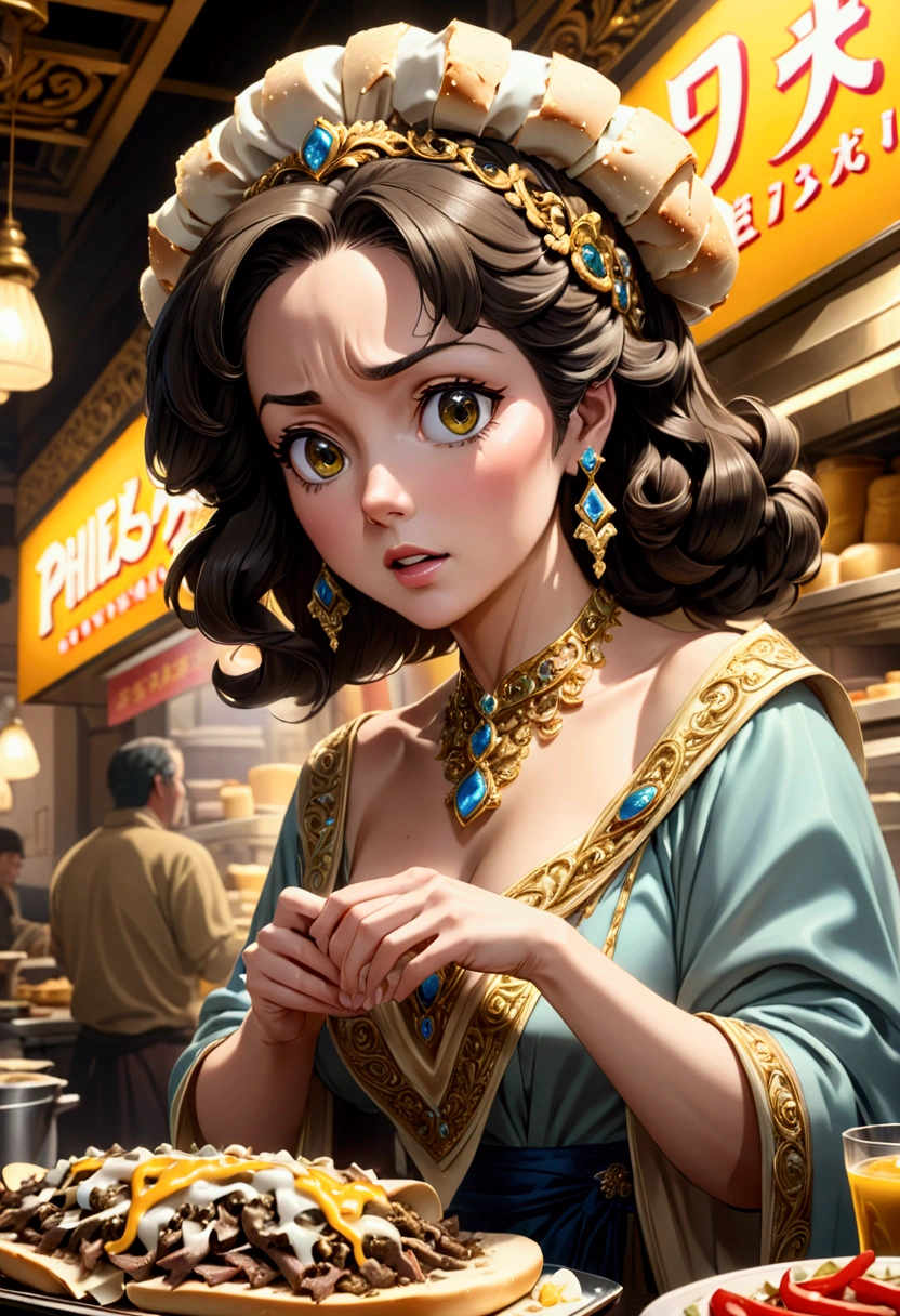 score 9, source anime, from side, wide shot, Middle-aged woman making Philly cheesesteaks, hyper detailed, cinematic lighting, 8k, highly detailed face and eyes, intricate ornate jewelry, flowing fabric, masterpiece, 