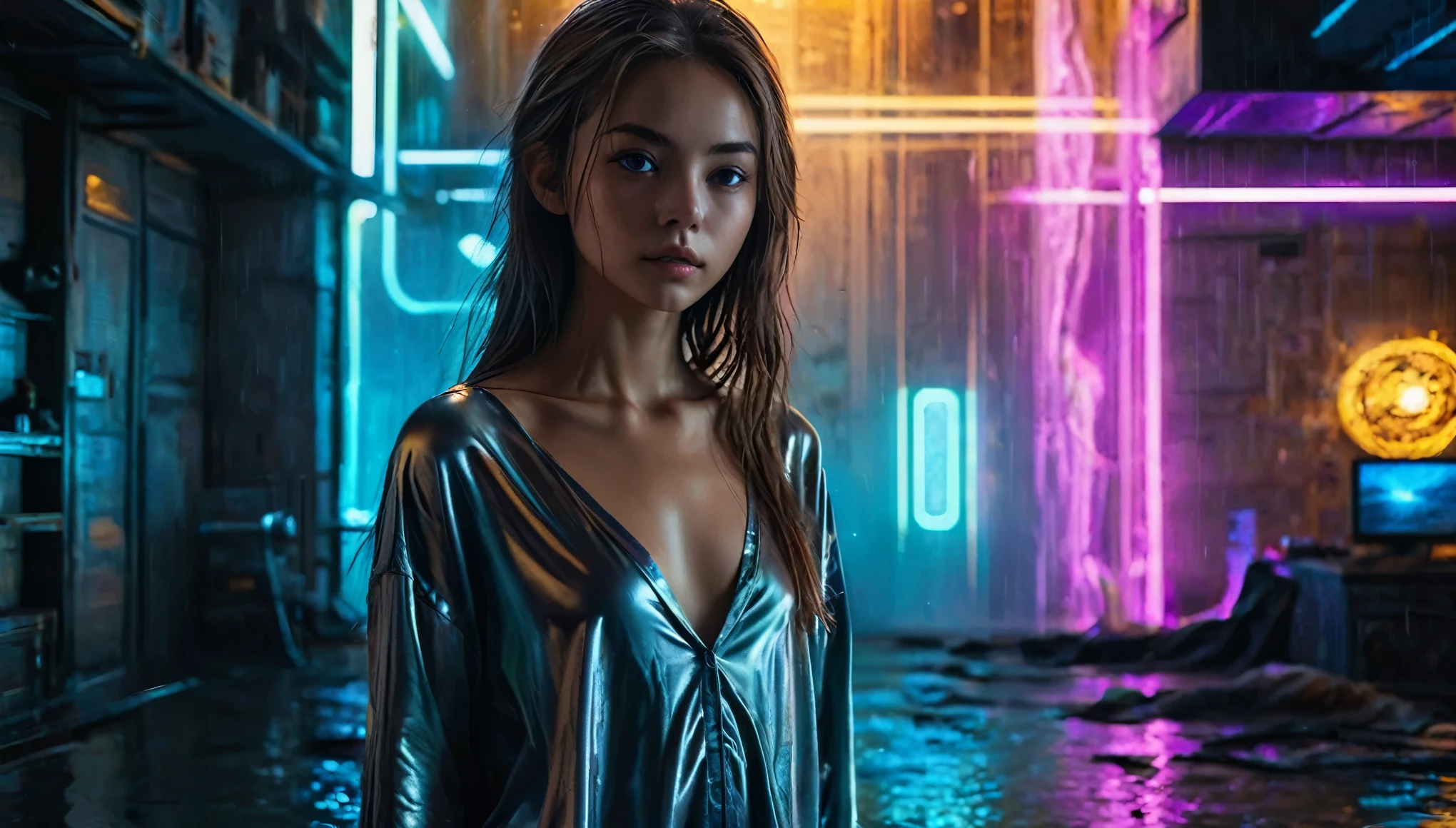 Top Quality, Masterpiece, High Resolution, 8k, (((cute skinny barely legal girl in oversized silky sleepshirt and wetlook leggings, bare belly, wide neckline, deep neckline, small perky breasts, beautiful detailed eyes, beautiful detailed lips, small closed mouth, extremely detailed face, long ponytail hair, small hips))), cyberpunk apartment, moody atmosphere, dramatic and random neon colors, futuristic setting, intricate details, at night, backlit, full body shot, view from distance 