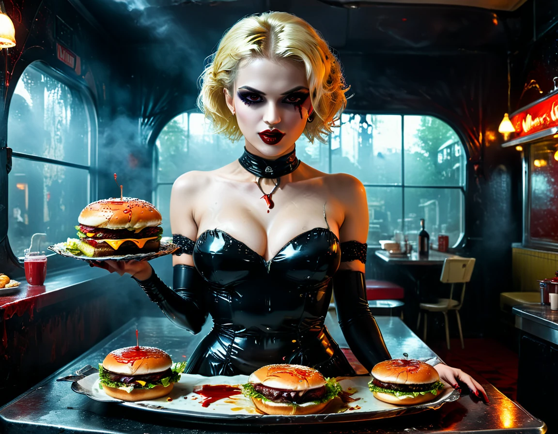 a 3D digital painting picture of extremely (beautiful female vanpire:1.3) ((serving a big juicy raw hamburger: 1.3)) on a tray, dripping blood in a goth American diner, an exquisite beautiful female (vampire:1.3), (full body: 1.3) ultra feminine ultra detailed face, blond hair, short hair, red lips, red eyes, glowing eyes, wearing  glamour white seductive latex dress, serving a goth diner American kitchen background, full body dynamic angle, , award winning, best quality, high quality, high details, highres, vibrant, Ultra-high resolution, High Contrast, (masterpiece:1.5), highest quality, Best aesthetics, best details, best quality, highres, ultra wide angle, 16k, [ultra detailed], masterpiece, best quality, photorealistic, 3D rendering, Cinematic Hollywood Film, chumbasket art style