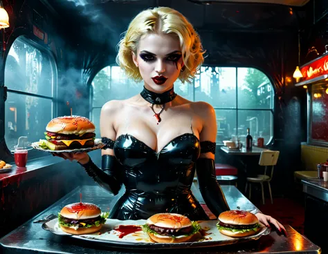 a 3d digital painting picture of extremely (beautiful female vanpire:1.3) ((serving a big juicy raw hamburger: 1.3)) on a tray, ...