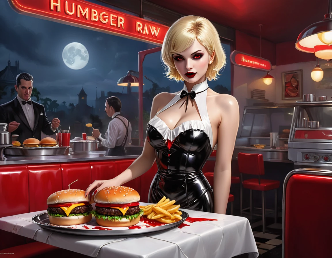 una imagen de pintura digital en 3D de extremadamente (hermosa mujer vanpire:1.3) ((sirviendo una hamburguesa cruda grande y jugosa: 1.3)) en una bandeja, Goteando sangre en un restaurante gótico americano., una hembra hermosa y exquisita (vampiro:1.3), (cuerpo completo: 1.3) ultra feminine ultra detallado face, pelo rubio, cabello corto, labios rojos, ojos rojos, ojos brillantes, vistiendo un seductor vestido de látex blanco glamuroso, sirviendo un restaurante gótico con fondo de cocina americana, cuerpo completo dynamic angle, , premiado, mejor calidad, alta calidad, detalles altos, alta resolución, vibrante, Resolución ultraalta, alto contraste, (obra maestra:1.5), de la máxima calidad, Mejor estetica, mejores detalles, mejor calidad, alta resolución, Ultra gran angular, 16k, [ultra detallado], obra maestra, mejor calidad, Fotorrealista, renderizado 3D, Cine cinematográfico de Hollywood, Estilo artístico chumbasket