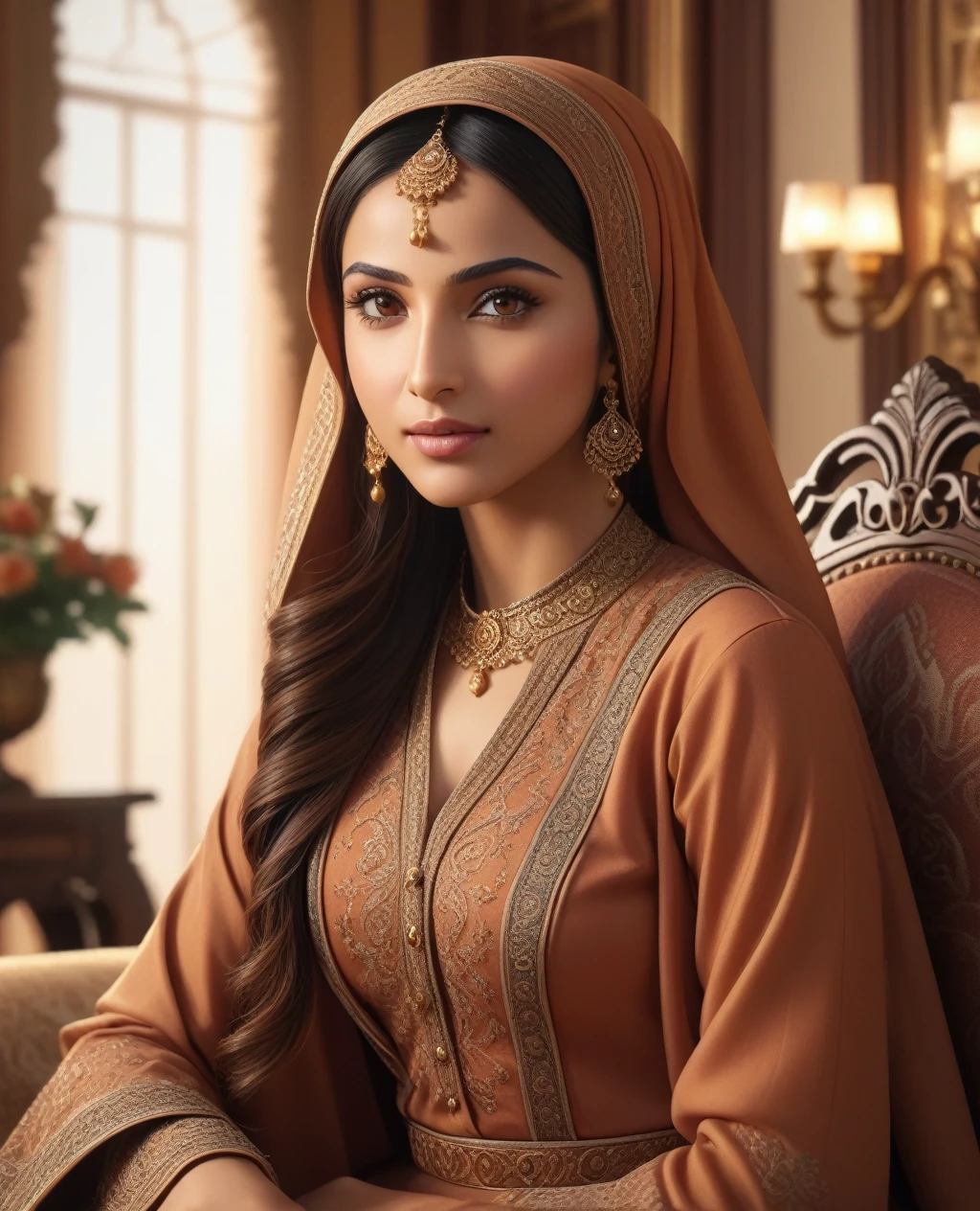 a Muslim woman, long skirt, detailed face, beautiful eyes, detailed facial features, high-quality portrait, hyper-realistic, photorealistic, 8k, detailed living room interior, ornate furniture, wall decor, natural lighting, warm color palette, cinematic lighting, intricate details, masterpiece