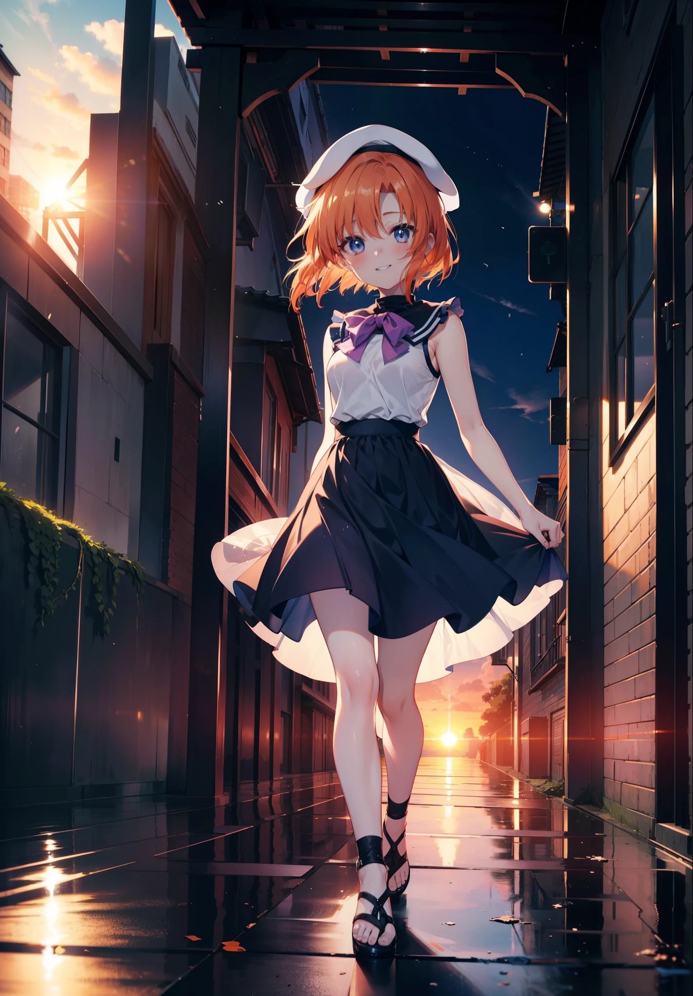 kidney, Rena Ryuuguu, Orange Hair, short hair, blue eyes, smile, blush,Grin,(Small breasts:1.2),beret,Sleeveless dress,Long skirt,Heeled Sandals,evening,sunset,The sun is setting,Walking,whole bodyがイラストに入る,
break looking at viewer,whole body,
break outdoors, In town,
break (masterpiece:1.2), Highest quality, High resolution, unity 8k wallpaper, (figure:0.8), (Beautiful attention to detail:1.6), Highly detailed face, Perfect lighting, Highly detailed CG, (Perfect hands, Perfect Anatomy),