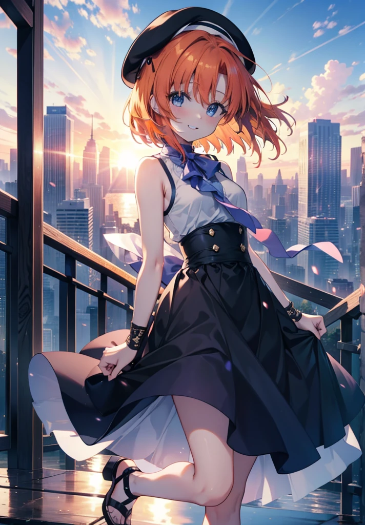 kidney, Rena Ryuuguu, Orange Hair, short hair, blue eyes, smile, blush,Grin,(Small breasts:1.2),beret,Sleeveless dress,Long skirt,Heeled Sandals,evening,sunset,The sun is setting,Walking,whole bodyがイラストに入る,
break looking at viewer,whole body,
break outdoors, In town,
break (masterpiece:1.2), Highest quality, High resolution, unity 8k wallpaper, (figure:0.8), (Beautiful attention to detail:1.6), Highly detailed face, Perfect lighting, Highly detailed CG, (Perfect hands, Perfect Anatomy),