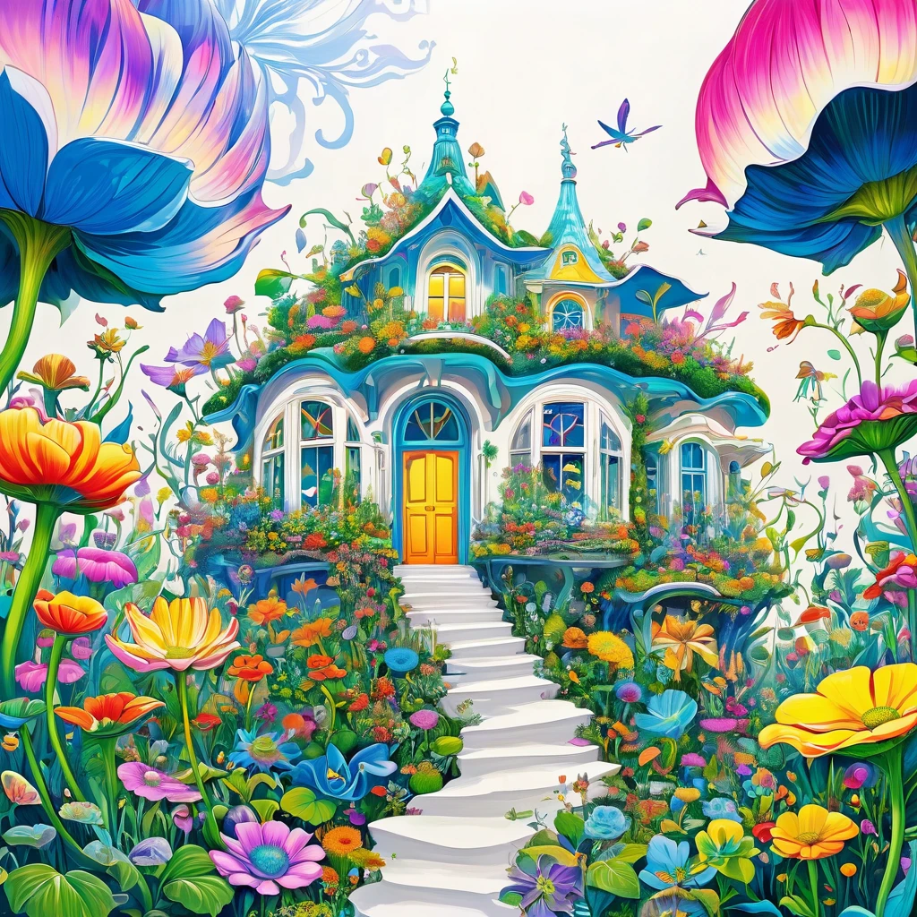 (masterpiece, best quality:1.2), Psychedelic Art，Creative illustration，Flower House，White background