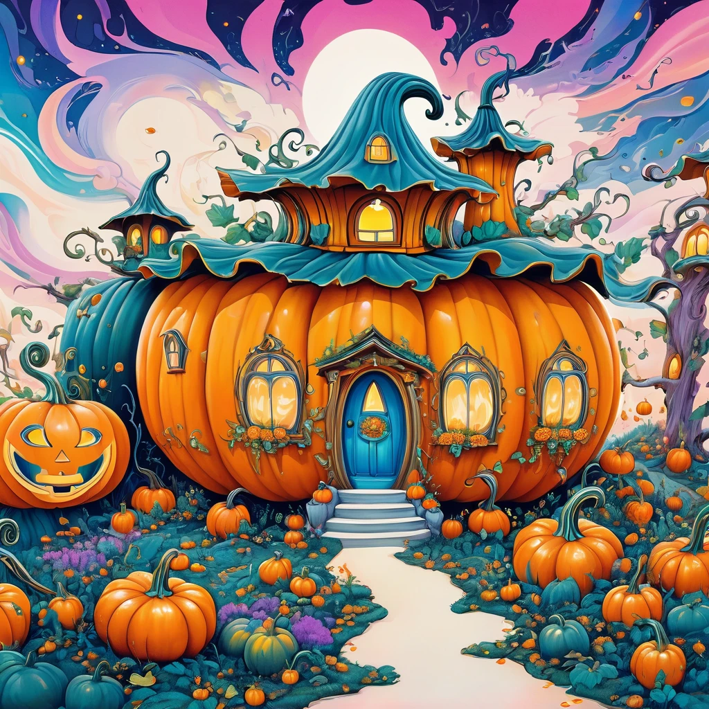 (masterpiece, best quality:1.2), Psychedelic Art，Creative illustration，Pumpkin house，White background