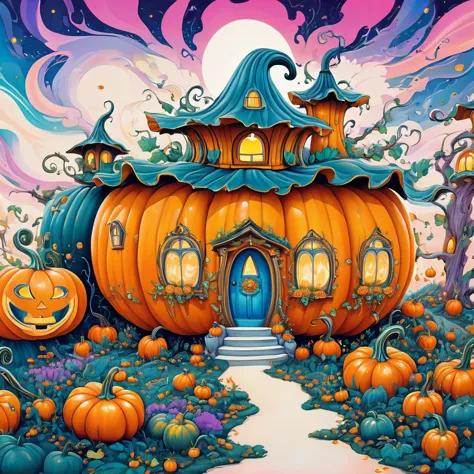 (masterpiece, best quality:1.2), psychedelic art，creative illustration，pumpkin house，white background