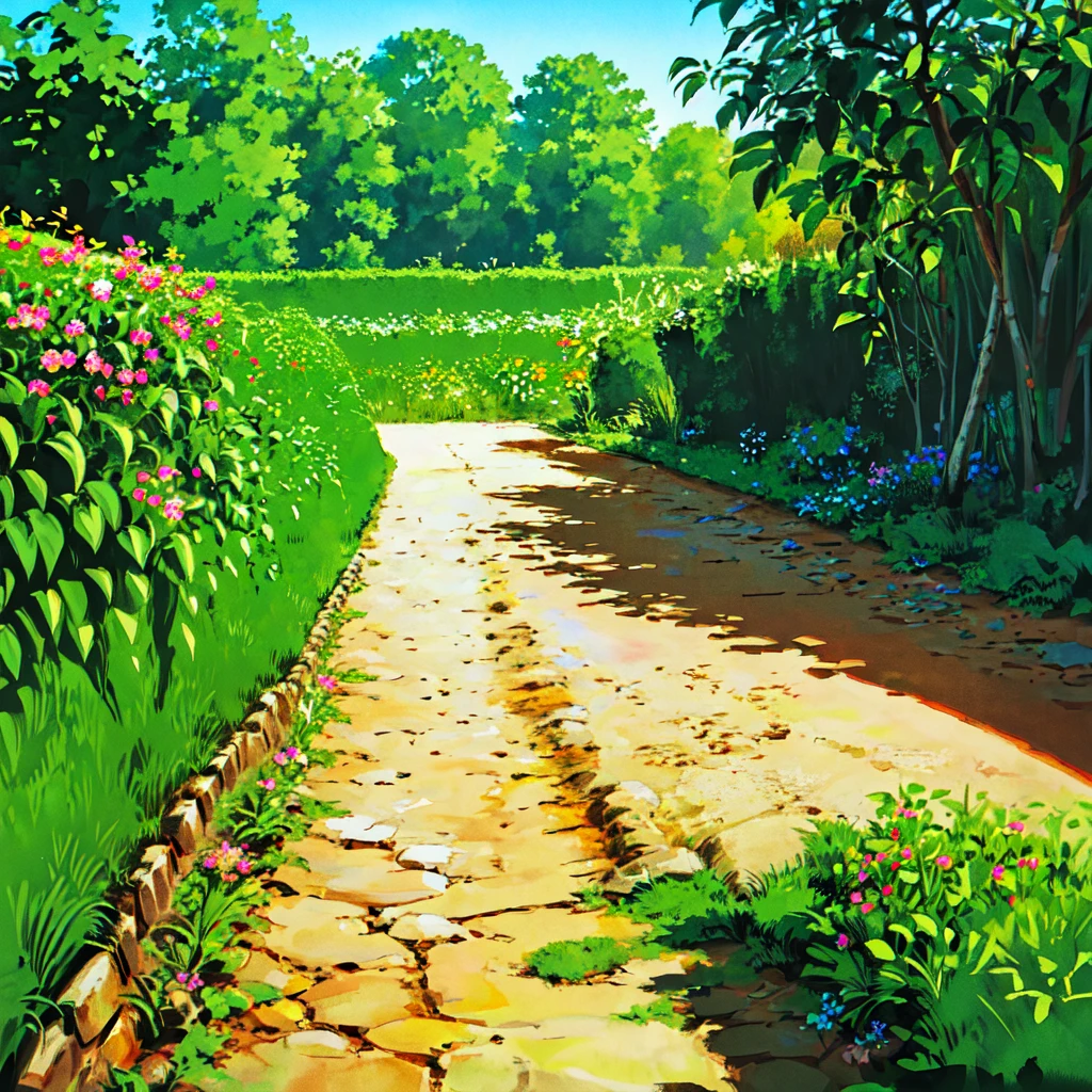 (((high quality))),highly_detailed,extremely_detailed_CG_unity_8k_wallpaper,illustration,highres,absurdres,High saturation,clear,rational construction,cartoon style,brick_wall, building, bush, day, door, fence, field, flower, flower_field, garden, grass, house, nature, no_humans, outdoors, path, pink_flower, plant, potted_plant, road, scenery, sunflower, tree, tree_stump, 