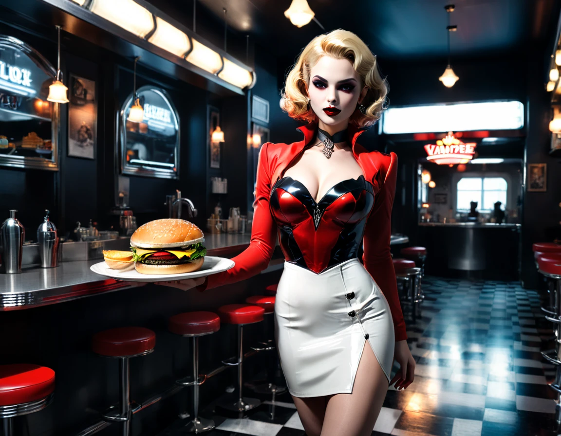 a 3D digital painting picture of extremely (beautiful female vanpire:1.3) ((serving a big juicy raw hamburger: 1.3)) on a tray, dripping blood in a goth American diner, an exquisite beautiful female (vampire:1.3), (full body: 1.3) ultra feminine ultra detailed face, blond hair, short hair, red lips, red eyes, glowing eyes, wearing  glamour white seductive latex dress, serving a goth diner American kitchen background, full body dynamic angle, , award winning, best quality, high quality, high details, highres, vibrant, Ultra-high resolution, High Contrast, (masterpiece:1.5), highest quality, Best aesthetics, best details, best quality, highres, ultra wide angle, 16k, [ultra detailed], masterpiece, best quality, photorealistic, 3D rendering, Cinematic Hollywood Film, chumbasket art style