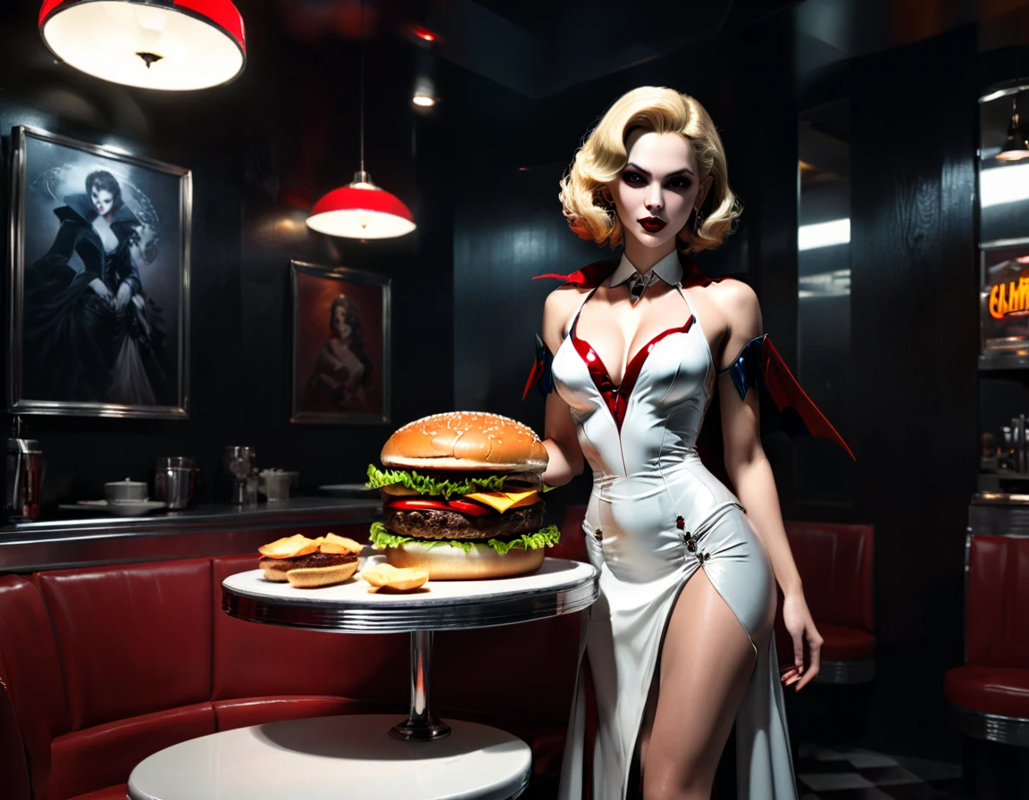 a 3D digital painting picture of extremely (beautiful female vanpire:1.3) ((serving a big juicy raw hamburger: 1.3)) on a tray, dripping blood in a goth American diner, an exquisite beautiful female (vampire:1.3), (full body: 1.3) ultra feminine ultra detailed face, blond hair, short hair, red lips, red eyes, glowing eyes, wearing  glamour white seductive latex dress, serving a goth diner American kitchen background, full body dynamic angle, , award winning, best quality, high quality, high details, highres, vibrant, Ultra-high resolution, High Contrast, (masterpiece:1.5), highest quality, Best aesthetics, best details, best quality, highres, ultra wide angle, 16k, [ultra detailed], masterpiece, best quality, photorealistic, 3D rendering, Cinematic Hollywood Film, chumbasket art style