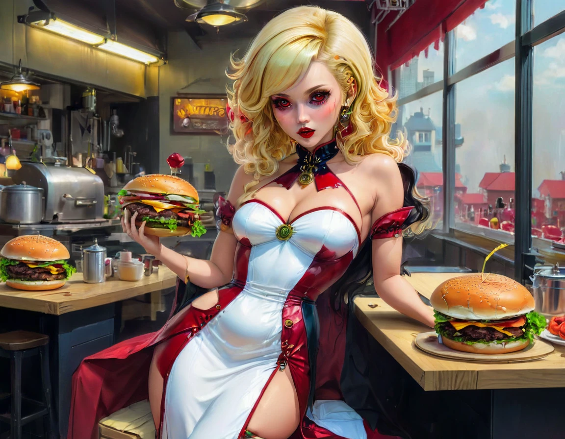 une image de peinture numérique 3D d&#39;extrêmement (belle femme vanpire:1.3) ((servir un gros hamburger cru juteux: 1.3)) sur un plateau, du sang coule dans un restaurant gothique américain, une belle femelle exquise (vampire:1.3), (tout le corps: 1.3) ultra feminine ultra détaillé face, cheveux blonds, Cheveux courts, lèvres rouges, les yeux rouges, yeux brillants, porter une robe en latex séduisante blanche glamour, servir un restaurant gothique fond de cuisine américaine, tout le corps dynamic angle, , primé, Meilleure qualité, Haute qualité, détails élevés, haute résolution, vibrant, Ultra haute résolution, Contraste élevé, (chef-d&#39;œuvre:1.5), la plus haute qualité, Meilleure esthétique, meilleurs détails, Meilleure qualité, haute résolution, ultra grand angle, 16k, [ultra détaillé], chef-d&#39;œuvre, Meilleure qualité, Photoréaliste, Rendu 3D, Film cinématographique hollywoodien, style artistique chumbasket