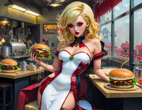 a 3D digital painting picture of extremely (beautiful female vanpire:1.3) ((serving a big juicy raw hamburger: 1.3)) on a tray, ...