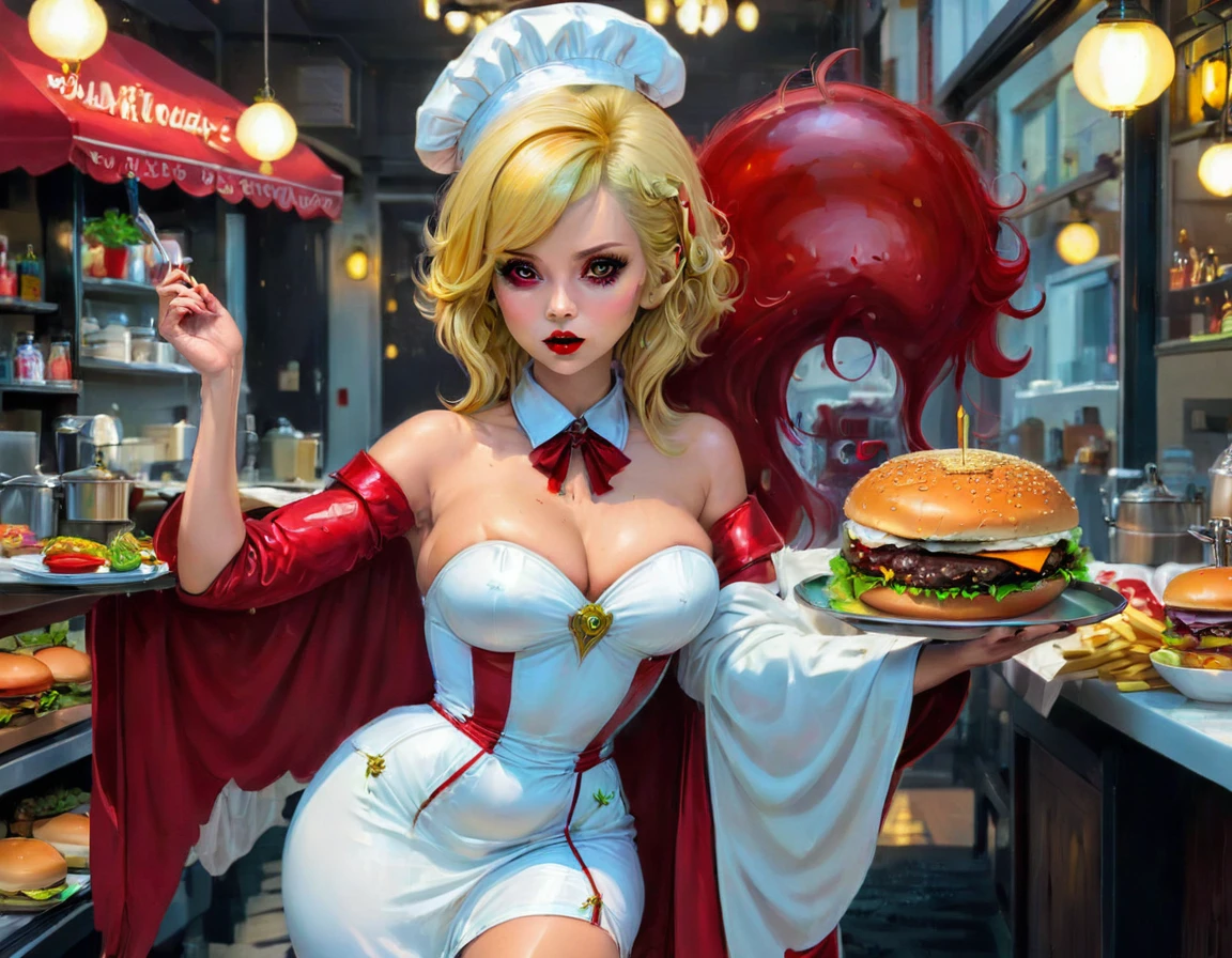 una imagen de pintura digital en 3D de extremadamente (hermosa mujer vanpire:1.3) ((sirviendo una hamburguesa cruda grande y jugosa: 1.3)) en una bandeja, Goteando sangre en un restaurante gótico americano., una hembra hermosa y exquisita (vampiro:1.3), (cuerpo completo: 1.3) ultra feminine ultra detallado face, pelo rubio, cabello corto, labios rojos, ojos rojos, ojos brillantes, vistiendo un seductor vestido de látex blanco glamuroso, sirviendo un restaurante gótico con fondo de cocina americana, cuerpo completo dynamic angle, , premiado, mejor calidad, alta calidad, detalles altos, alta resolución, vibrante, Resolución ultraalta, alto contraste, (obra maestra:1.5), de la máxima calidad, Mejor estetica, mejores detalles, mejor calidad, alta resolución, Ultra gran angular, 16k, [ultra detallado], obra maestra, mejor calidad, Fotorrealista, renderizado 3D, Cine cinematográfico de Hollywood, Estilo artístico chumbasket